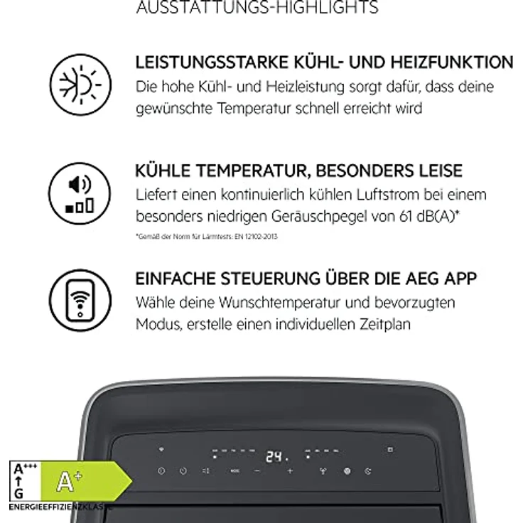 AEG Comfort 6000 AXP26U559HW, mobiles Klimagerät mit Kühlen/Heizen/Ventilator/Entfeuchtungsfunktion, 30-40 m², LED Display, Touch-Bedienung, App-Steuerung, weiß/schwarz – Bild 4