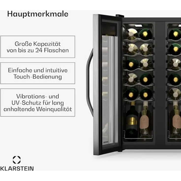 Klarstein Vinamour Weinkühlschrank 24 Flaschen – 2 Zonen, Edelstahl-Doppeltür, Touch-Steuerung, LED, UV-Schutz, freistehend