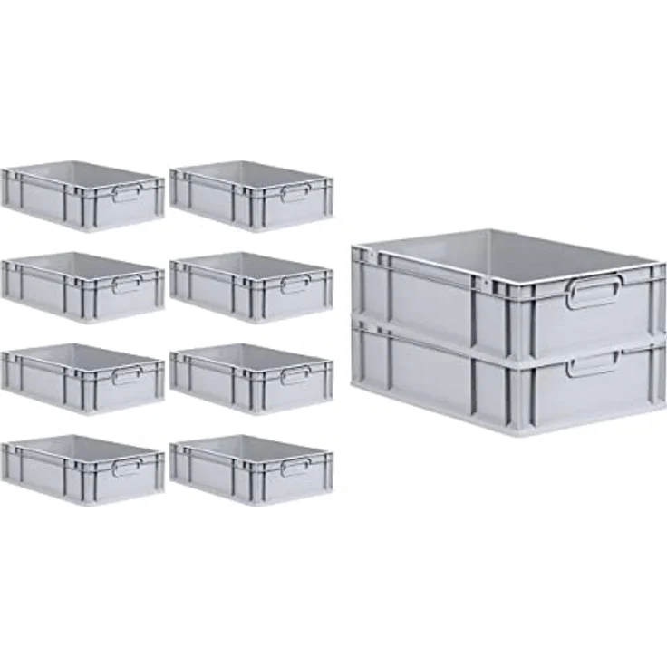 PROREGAL Eurobox NextGen Grip 10er Set, mit Scharnierdeckel und blauen Schnappverschlüssen, HxBxT 17x40x60cm, 34 L, grau, lebensmittelecht, stapelbar, stabil und transportfähig – Bild 3