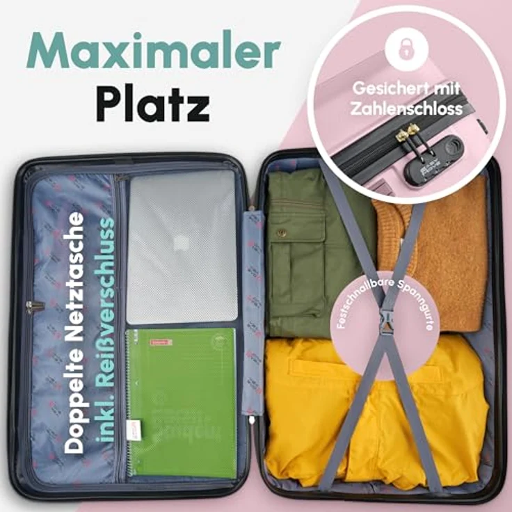 Easy Move ABS Hartschalenkoffer [ERGONOMISCH & SICHER] - Großer Trolley Koffer mit 360° Rädern, Zahlen Schloss - reisekoffer groß, hartschalenkoffer, Luggage (Pink, Set) * – Bild 4