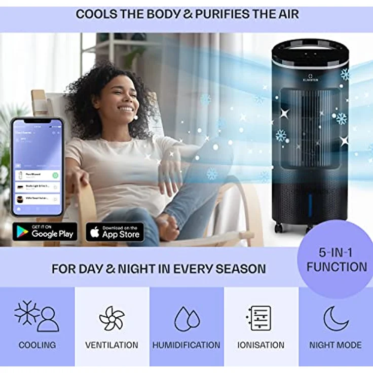 Klarstein Ventilatorkombigerät IceWind Plus Smart 4-in-1 Luftkühler, mit Wasserkühlung & Eis mobil Klimagerät ohne Abluftschlauch, WiFi-Steuerung, Ionisator, 2 Kühlakkus, Fernbedienung, 65 Watt, weiß – Bild 2