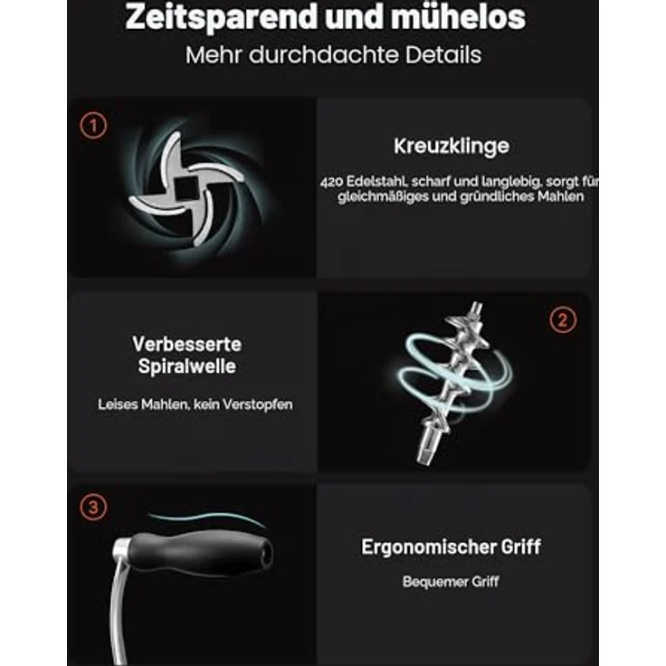 VEVOR manuelle Fleischwolf Hand Wurstfüller 304 Edelstahl, vielseitiger Küchenhelfer mit 4,5 & 8 mm Schneidplatten und Wurstrohr, silber – Bild 5