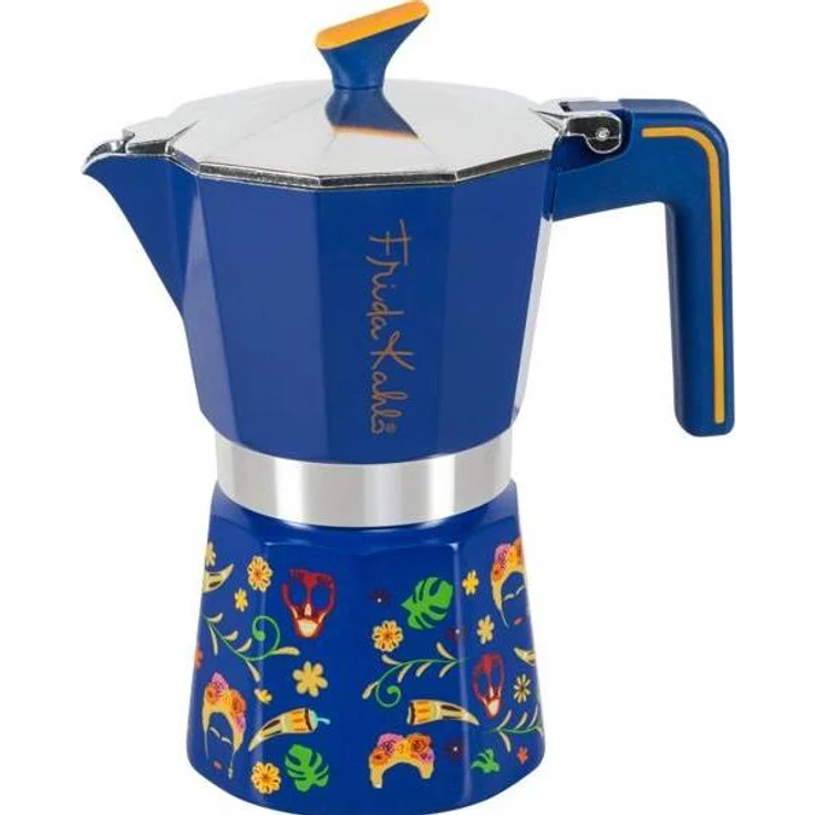 Pedrini Frida Kahlo 6TZ, Espressokocher in Blau mit kunstvollen Motiven, ergonomischem Griff und hitzebeständigen Eigenschaften – Bild 1
