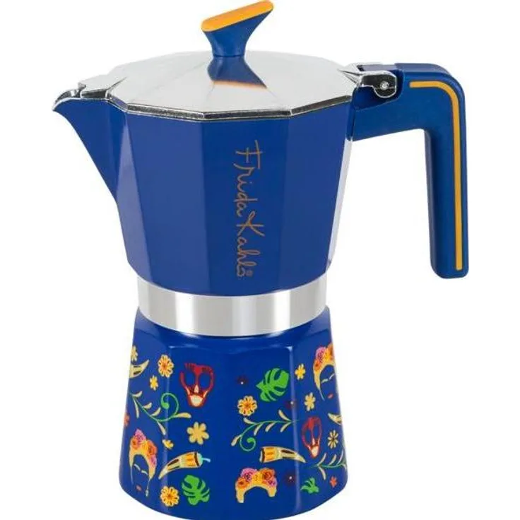 Pedrini Frida Kahlo 6TZ, Espressokocher in Blau mit kunstvollen Motiven, ergonomischem Griff und hitzebeständigen Eigenschaften