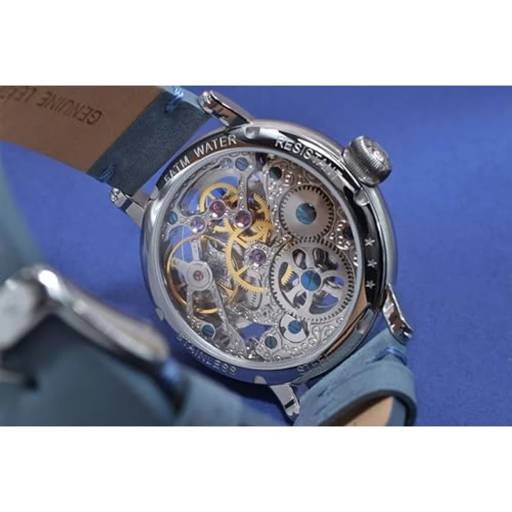 Poljot-International Herrenuhr Handaufzug Orbita, Chronograph mit silbernem Zifferblatt und grauer/türkiser Lederarmband, 9931.2940555 – Bild 4