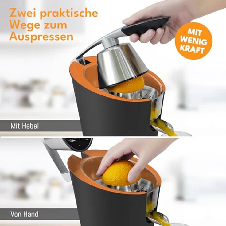 LEBENLANG Orangenpresse elektrische Edelstahl 600W - Hohe Saftausbeute für Orangen & Zitronen - BPA-Frei - Matt Schwarz – Bild 5