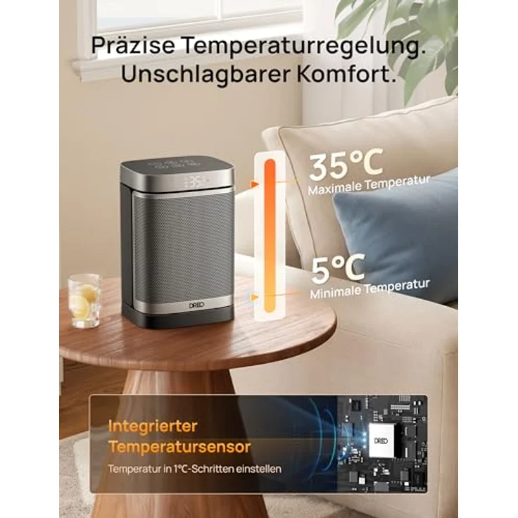 Dreo Atom One, 1500W Heizlüfter mit Thermostat, Oszillation und 12-Stunden-Timer, schwarz – Bild 7