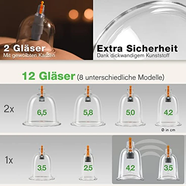 BACKLAxx® Schröpfgläser mit Vakuumpumpe - Hochwertig schröpfen mit bruchfestem Schröpfglas aus Kunststoff, Schröpfset mit Therapiemagneten inkl. Videokurs (12 Stück), Schröpfgläser Silikon – Bild 2
