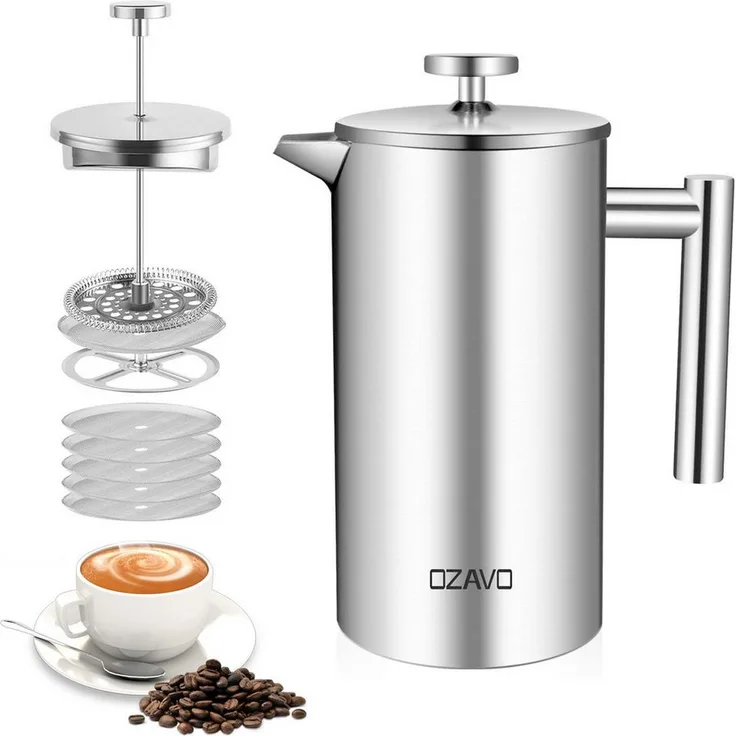 OZAVO Kaffeebereiter 1L, Doppelwandige Edelstahl French Press mit 5 Edelstahl-Filtern und 4-fach Filtersystem, Silber