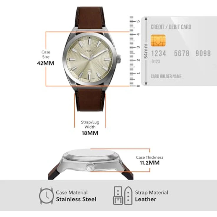 Fossil Herren Analog Quarz Uhr mit Leder Armband FS6071, 42mm Edelstahlgehäuse, cremefarbenes Zifferblatt, braunes Band, wasserdicht bis 50m – Bild 5