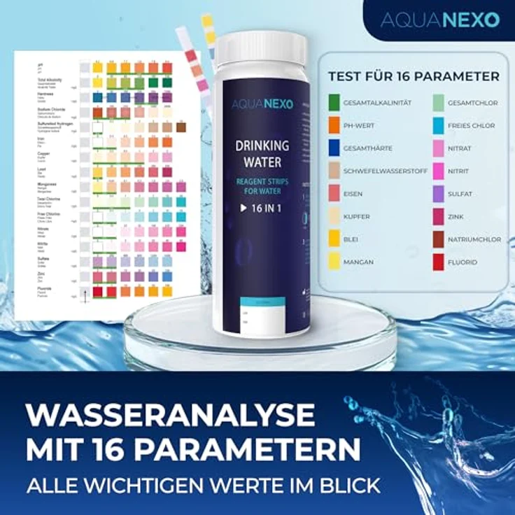 Aquanexo 125 Wassertester Trinkwasser Teststreifen 16-in-1 Trinkwassertest pH Wasserhärte – Bild 3