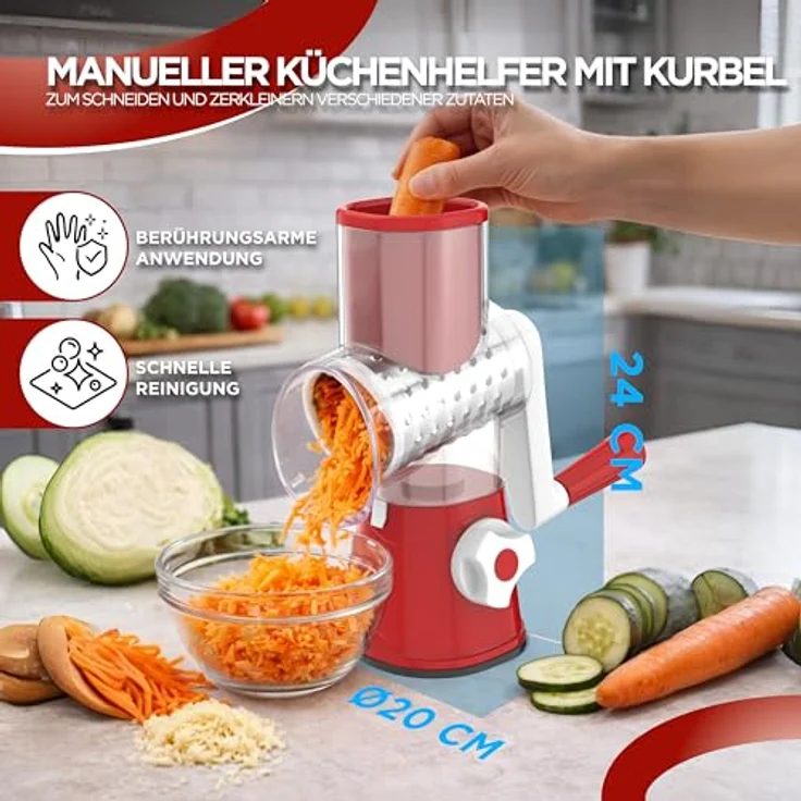 BI International Gemüseschneider mit Kurbel, Trommelreibe mit 3 Edelstahl-Klingen, starke Saugfuß-Technologie – Bild 4