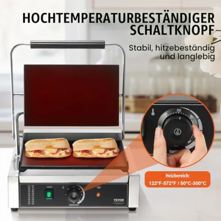 VEVOR Kommerzieller Panini-Grill, 2200 W Sandwich-Panini-Maker mit präziser Temperaturregelung und 36 x 23 cm flacher Emaille-Platte aus Edelstahl – Bild 5