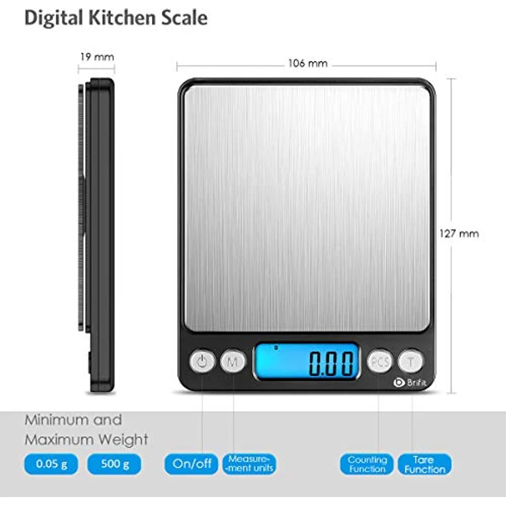 Brifit Feinwaage 0.01g, Digitale Küchenwaage mit 500g Kapazität, Edelstahl Kalibriergewicht, Tara-Funktion, PCS-Funktion, 6 Einheiten Konvertierung, Schwarz – Bild 4