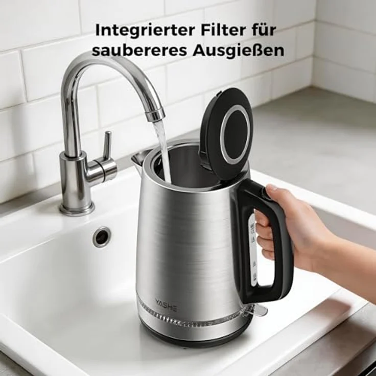 YASHE Wasserkocher Edelstahl 1,7L, 2200W, kabellos mit 360° Basis und Kalkfilter – Bild 6