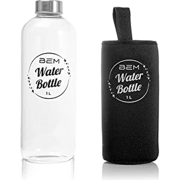 Water Bottle - Trinkflasche aus Glas mit Edelstahldeckel 1000ml, Spülmaschinenfest, Stoßfest, Silikonhülle, Borosilikatglas, robust