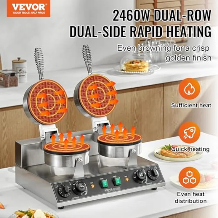 VEVOR kommerzielles Waffeleisen rundes Waffeleisen mit Doppelkopf 2460 W, belgisches Waffeleisen mit antihaftbeschichteten Backfläche, Temperatur- und Zeitregelung – Bild 2