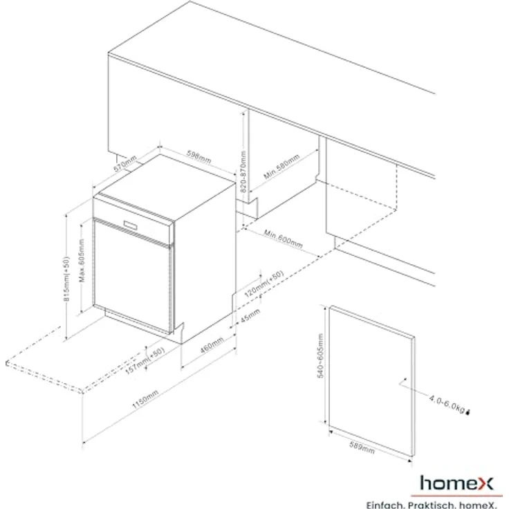 homeX DWSI601444C Geschirrspüler 60 cm, teilintegrierbare Spülmaschine für 14 Maßgedecke, 7 Programme, AquaStop, 44 dB, Edelstahl-Innenraum – Bild 5