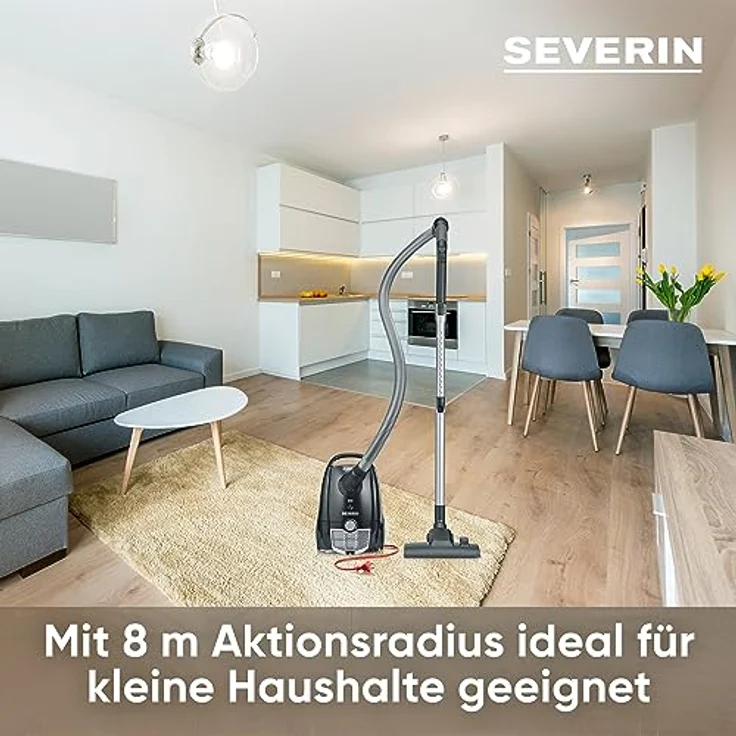 SEVERIN Staubsauger mit Beutel, kompakter Bodenstaubsauger für Teppich- und Hartböden, kraftvoller und leiser Staubsauger mit Beutel, 750 W, 8 m Reichweite, schwarz, BC 7030 – Bild 3