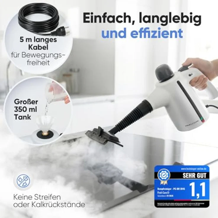 ProfiCare Dampfreiniger Handgerät PC DR 3145, 3,7 bar, 105°C, 1050W, mit 5m Kabel & 9-teiligem Zubehör, desinfiziert, entfettet, für Auto, Küche, Bad, Polster – Bild 5