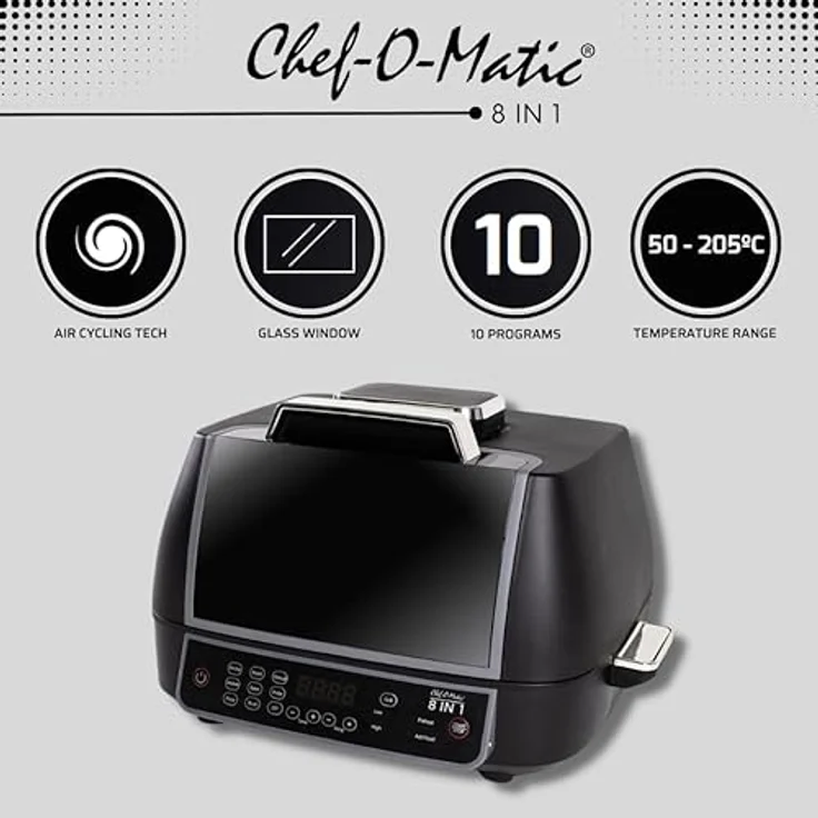 Chef o Matic 8-in-1 Heißluftfritteuse mit Grill, 1500w, Airfryer mit Schnellaufheizung, XL Heissluftfriteuse, Luft Frieuse zum Frittieren, Heißluftfritteuse + Zubehör, Grillplatte, Frittierkorb, Timer – Bild 2