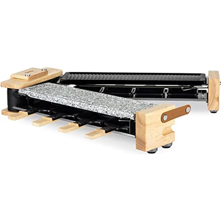 H.Koenig Raclette-Gerät für 8 Personen, WOD360, Granitstein und Naturholz, 180° drehbar, abnehmbare Platten, 1400 W, inkl. 8 Pfannen und 8 Pfannenwender aus Holz – Bild 3
