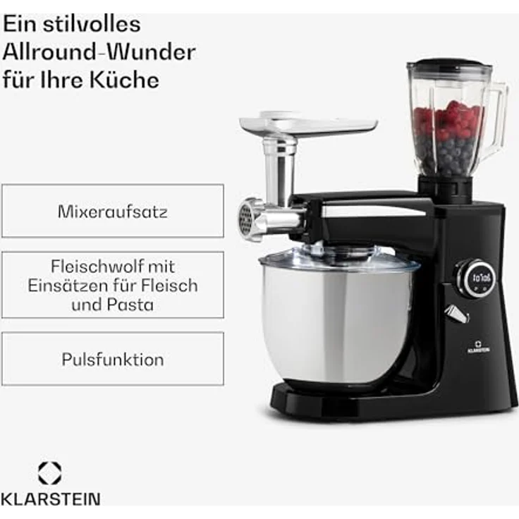 Klarstein Renata Rossa Küchenmaschine 3-in-1, 2000 W, 2,7 PS, 5 Liter Edelstahl Schüssel, inkl. Standmixer-, Fleischwolf-Aufsatz, schwarz – Bild 3