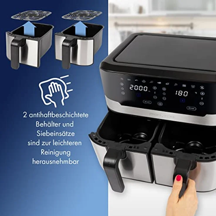 ProfiCook® Doppel-Heißluftfritteuse 9 Liter, XXL Heißluftfritteuse Doppelkammer, Frittieren mit heißer Luft ohne zusätzliches Öl, 9 Programme, Air Fryer mit Touchscreen, PC-FR 1242 H, 2400W – Bild 3
