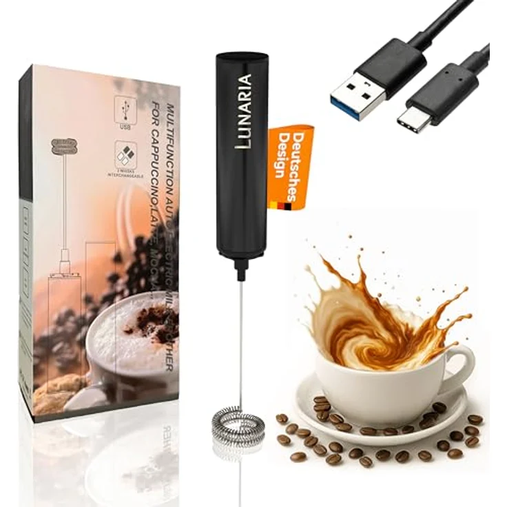 LUNARIA Milchaufschäumer kabellos, Edelstahl, schwarz/silber, 8 W, für Cappuccino & Latte Macchiato, USB aufladbar, 2 Aufsätze – Bild 3