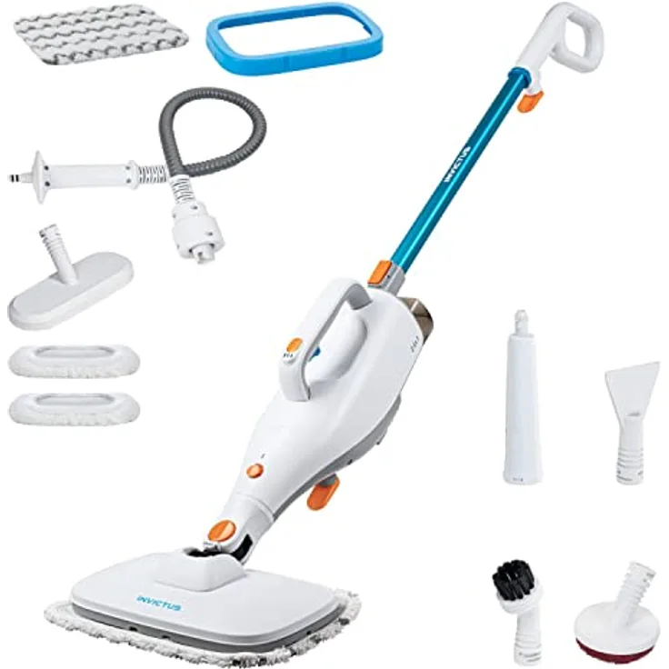 Genius Invictus Dampfreiniger Set 15-TLG, entfernt 99,9% aller Bakterien und Viren, 5m Kabellänge, für Hartböden, Fliesen, Teppiche, inklusive 2 Dampfstufen und Zubehör-Set