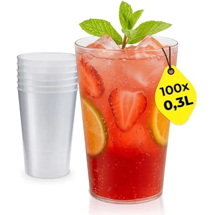 Silverkitchen 100x Mehrweg Plastikbecher 0,3 L – Stapelbare, spülmaschinenfeste Hartplastik Becher für Partys und Gastronomie, BPA-frei – Bild 1