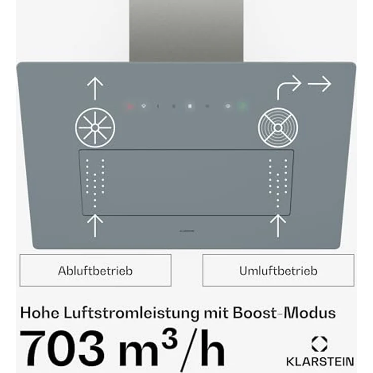 Klarstein SleekAir Dunstabzugshaube 60 cm, Kopffreihaube, 686 m³/h, A++ Energieeffizienz, Touch-Bedienfeld, LED-Beleuchtung 2700-6500 K, Abluft & Umluft, rostfreier Stahl – Bild 4