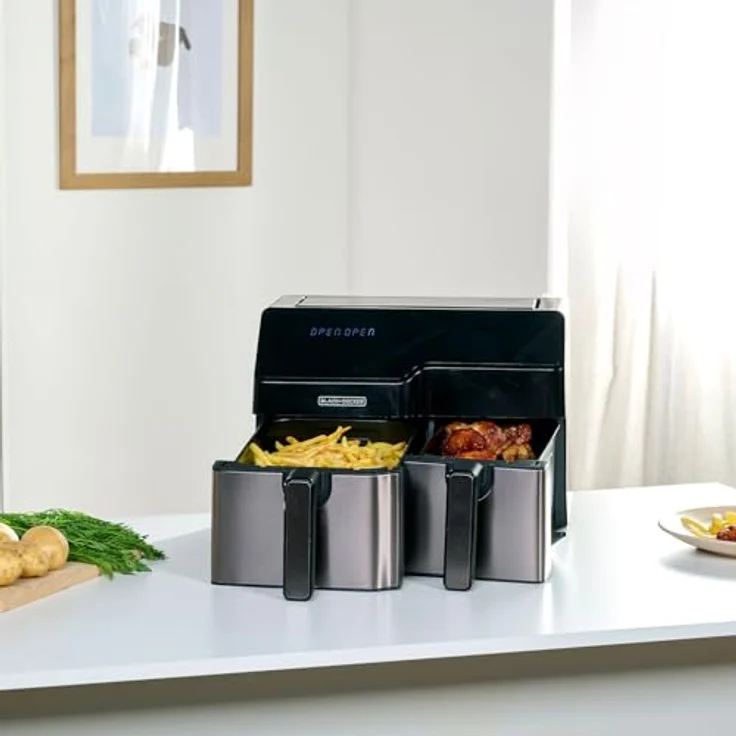 BLACK+DECKER BXAF9000E Heißluftfritteuse 2500W | 9L Volumen | 8 Programme | Touch-Display | Temperatur 80-200ºC | Double Cooking - Silber – Bild 5