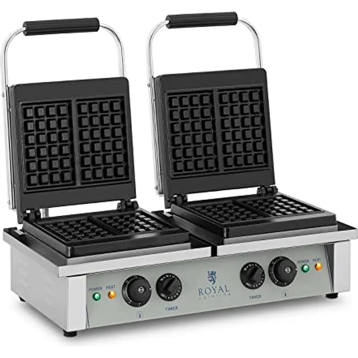 Royal Catering - Waffeleisen Waffelautomat Doppelt (rechteckig, 37 x 62,5 x 50 cm, 2x 2.000 W, 10 x 17 cm Waffel, 15 min Timer, Gusseisen & Emaille, Edelstahlgehäuse) Silber