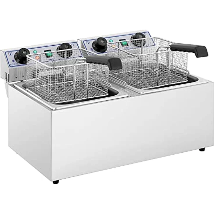 Royal Catering Fritteuse Edelstahl Doppel-Fritteuse RCTF-13DH (2 x 13 L, 2 x 3200 W, 230 V, 60–200 °C, Timer 60 min, inkl. 2 x Korb mit Deckel) – Bild 4