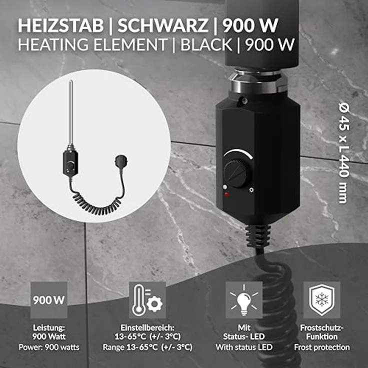 LuxeBath Heizstab 900W Schwarz, Heizpatrone für Badheizkörper mit Thermostat und Frostschutz-Funktion, IP44 – Bild 2