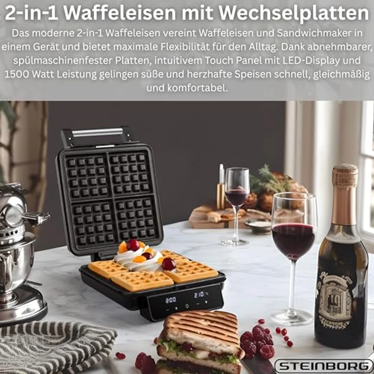 Steinborg® 2-in-1 Waffeleisen & Sandwichmaker, 1500 Watt mit Touch Panel & LED-Display, abnehmbare antihaftbeschichtete Platten, spülmaschinengeeignet, für Belgische Waffeln & Sandwiches – Bild 2