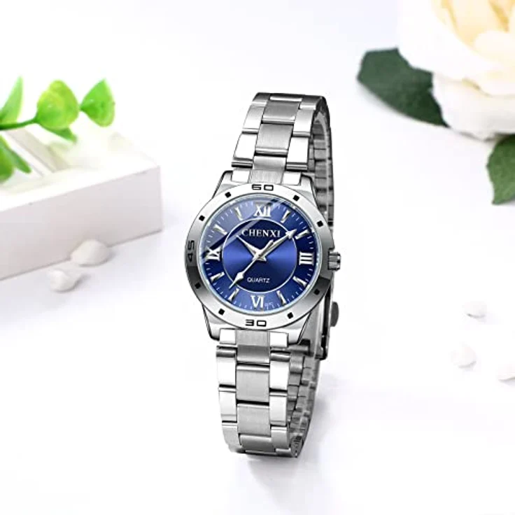 JewelryWe Damen Analog Quarz Uhr, 30M wasserdicht mit römischen Ziffern, Edelstahlarmband und leuchtenden Zeigern, Blau – Bild 2