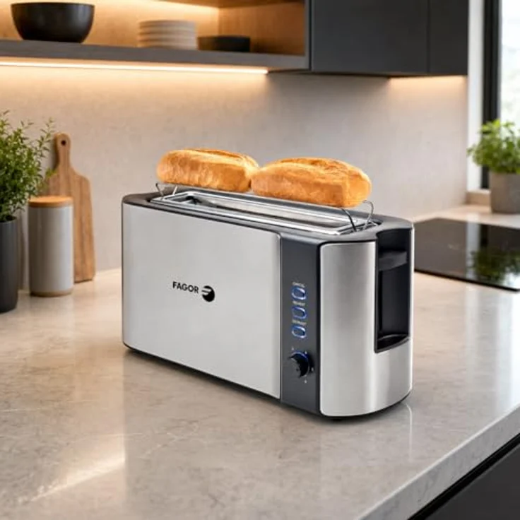 Fagor BigToast Steel Toaster, 1000 W mit breitem Schlitz für 2 große Toasts, Edelstahl, 6 Bräunungsstufen, Auftaufunktion, Krümelschublade – Bild 2