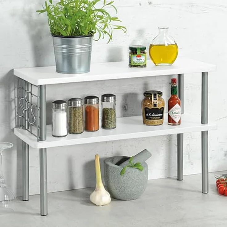 Kesper® Küchen-Regal, FSC®-zertifiziertes MDF & Metall, mit Drahtgitter & 3 Haken, zusätzliche Ablage für Gewürze, 55x20x38 cm, Farbe: Weiß, Grau – Bild 2