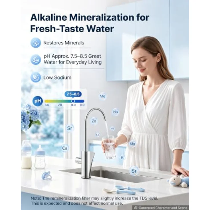 VEVOR Umkehrosmoseanlage Untertisch 800 GPD, 8-stufiger Wasserfilter mit Edelstahlhahn und TDS-Anzeige, 2:1 Reinwasser zu Abwasser, pH 7,5–8,5, einfacher Filterwechsel, CE – Bild 5