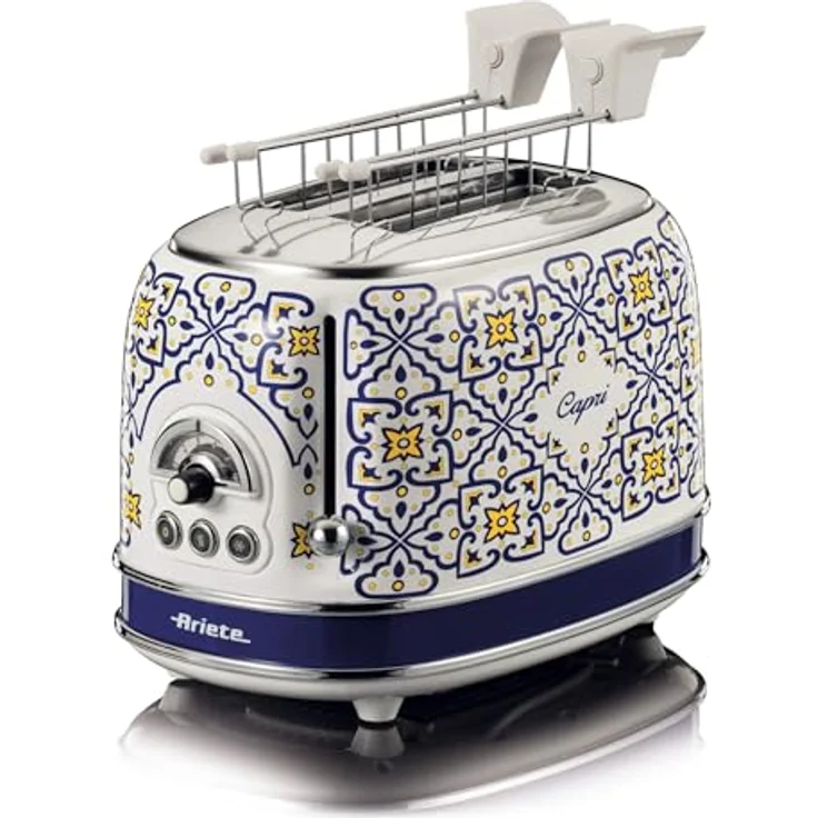 Ariete 155 Capri-Toaster, 810 W, 2 Scheiben, 6 Bräunungsstufen, Krümelschublade, Defrost-Funktion, automatischer Auswurf, mit Zange, mediterraner Stil, blau – Bild 1