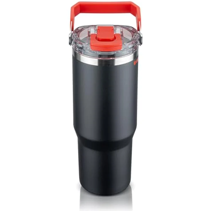 ROTPUNKT Thermobecher Edelstahl 500 ml, Isolierbecher mit Strohhalm & Click & Go Trinköffnung, auslaufsicher, BPA-frei, klappbarer Tragegriff, schwarz – Bild 2