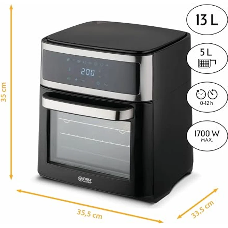 TZS First Austria Heißluftfritteuse 13L, Heißluftofen, Minibackofen, Airfryer, Dörrautomat, Umluft, digital, 8 Programme, 5L Antihaft-Edelstahlkorb, 1700W, 12-Stunden-Timer, ohne Öl – Bild 3