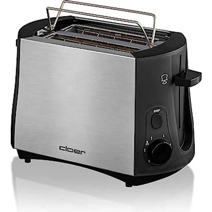 Cloer 3419 Toaster für 2 Toastscheiben, 825 W, integrierter Brötchenaufsatz, Nachhebevorrichtung, Krümelschublade, wärmeisoliertes Edelstahlgehäuse, Schwarz, Edelstahl – Bild 2