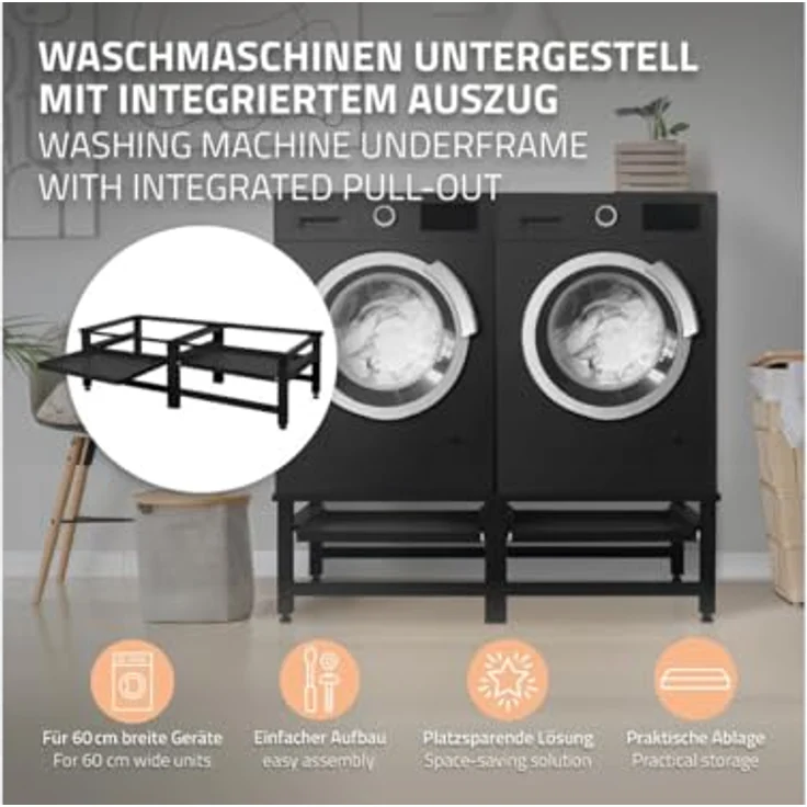 ML DESIGN modern living Doppel Waschmaschinen-Untergestell mit 2 ausziehbaren Ablagen, Schwarz, Stahl, bis 2x 150kg + 10kg, verstellbare Füße, Doppelsockel mit erhöhtem Rahmen und sicherem Stand – Bild 2