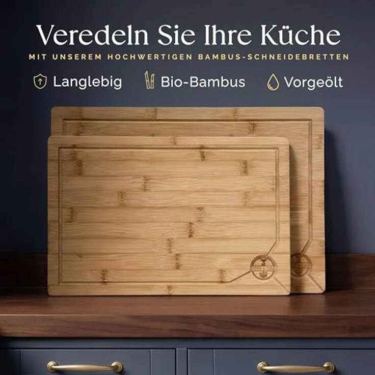 Deer & Oak Schneidebrett Holz Set - XXL & Groß (43x30 & 38x25cm), Vorgeölt, Messerfreundlich, Nicht-Porös, 2er Set aus 100% Bio-Bambus für Fleisch & Gemüse – Bild 3