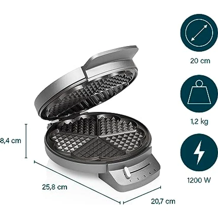 Princess Waffeleisen 132380, mit Herzwaffelform, 1200 Watt, 0,85m Kabellänge, 5 Heizstufen, mit Kontrollleuchte – Bild 3