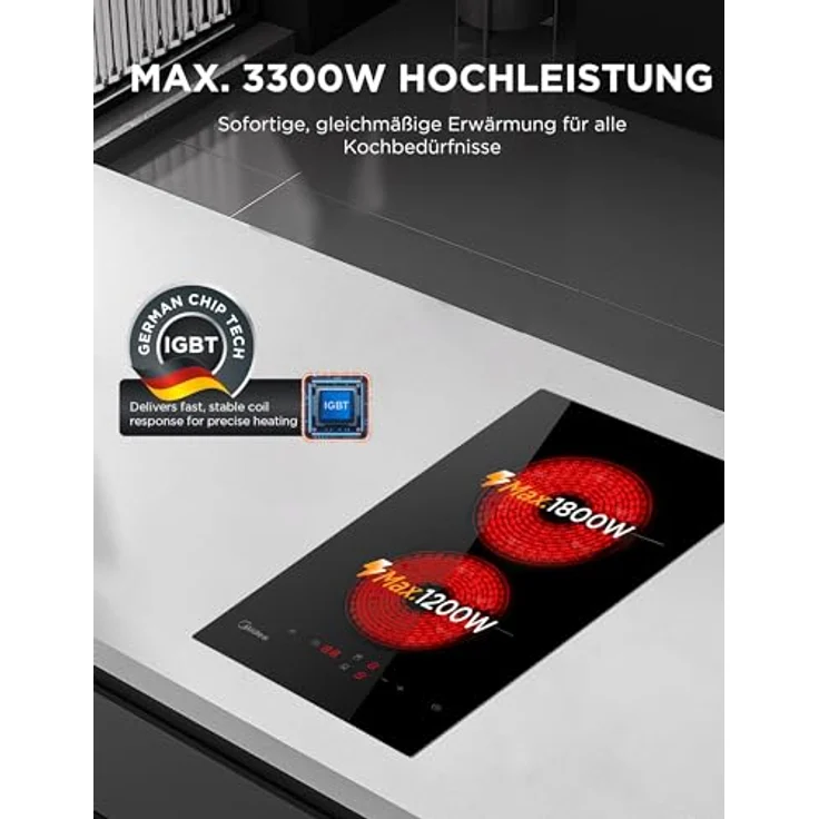 MIDEA Glaskeramikkochfeld 2-Zonen mit Berührungssteuerung, 3000 W Leistung, Kindersicherung und automatischer Abschaltung – Bild 4