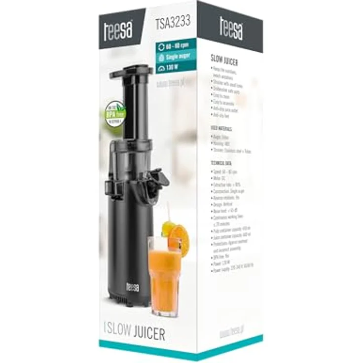 Teesa TSA3233, Vertikaler Slow Juicer Schraubenentsafter, BPA-frei, 130 W, kompakt, mit Tropfstopp und Zubehör – Bild 7